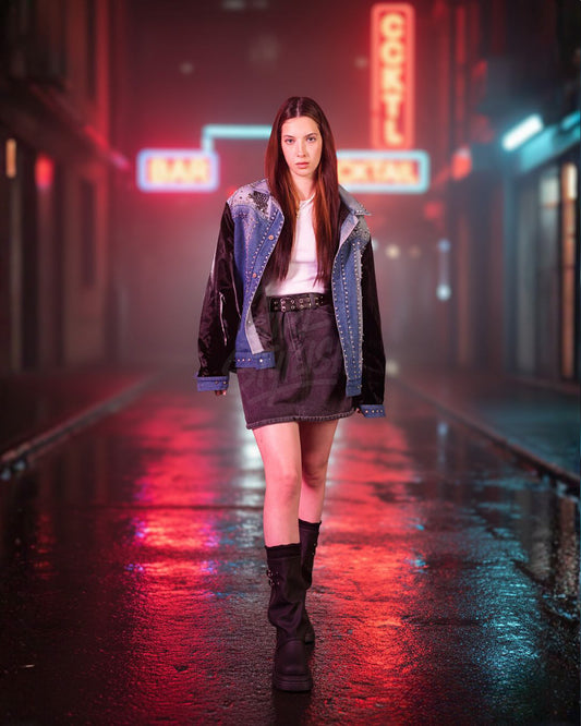 Patent Leather-Sleeve Crystal Stud Denim Jacket