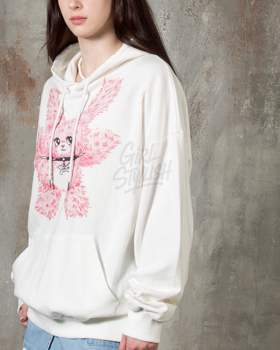 Pink Bear Graphic Loose-Fit Hoodie
