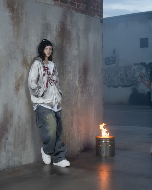 Vintage Washed Punk Rock Graphic Zip-Up Warmer Hoodie