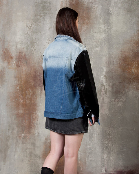 Patent Leather-Sleeve Crystal Stud Denim Jacket