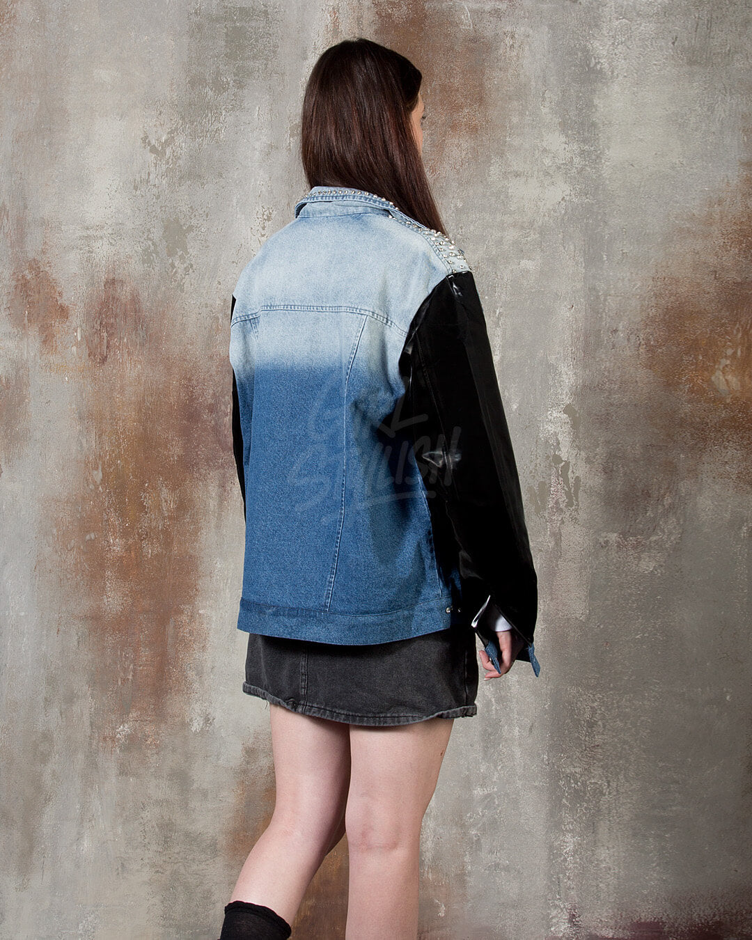 Patent Leather-Sleeve Crystal Stud Denim Jacket