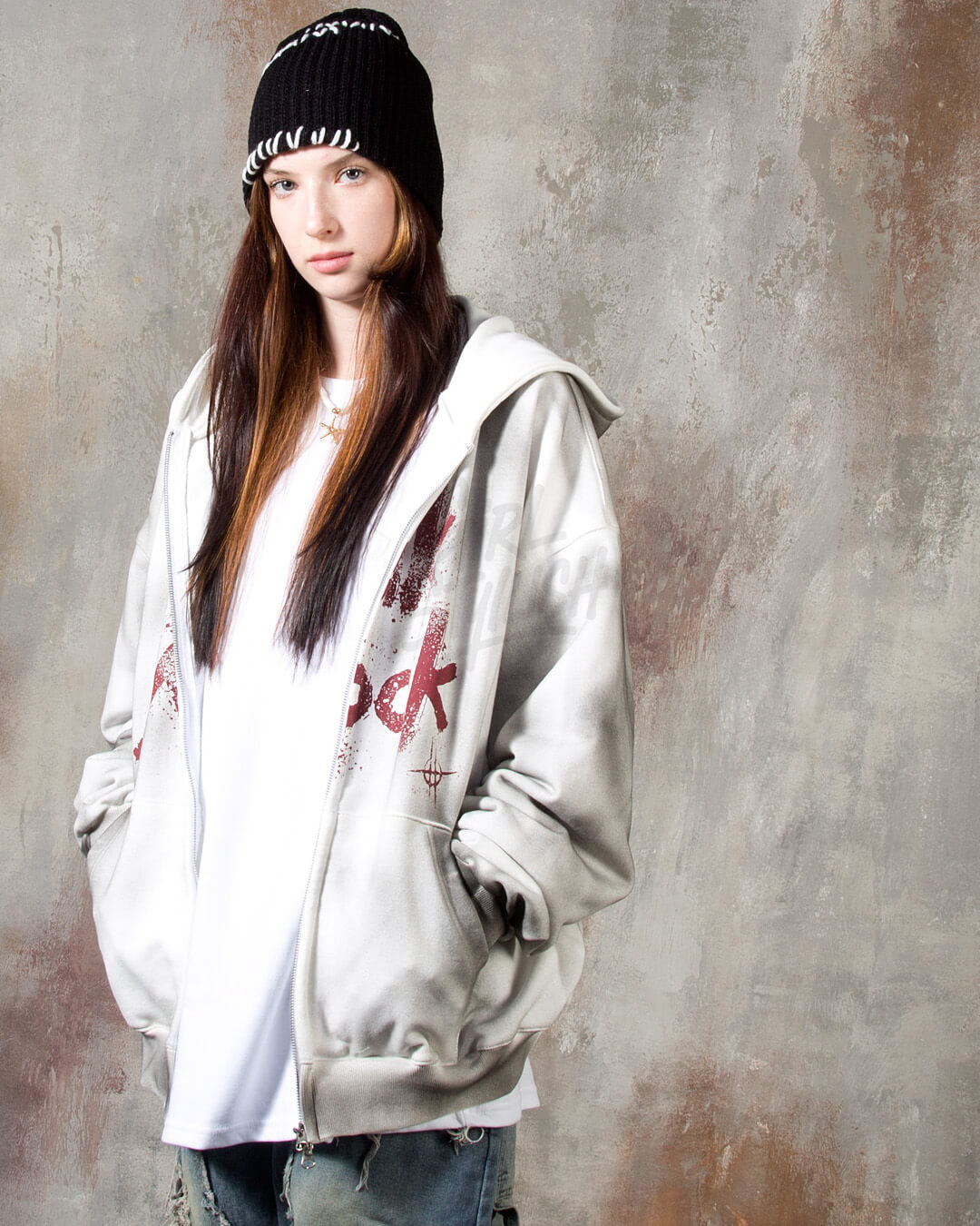 Vintage Washed Punk Rock Graphic Zip-Up Warmer Hoodie