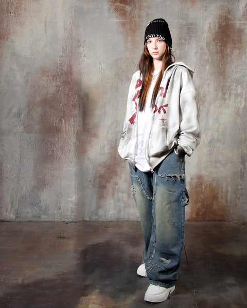Vintage Washed Punk Rock Graphic Zip-Up Warmer Hoodie