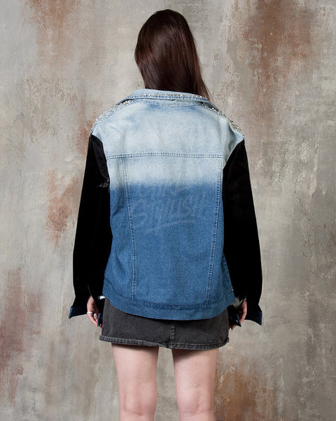 Patent Leather-Sleeve Crystal Stud Denim Jacket