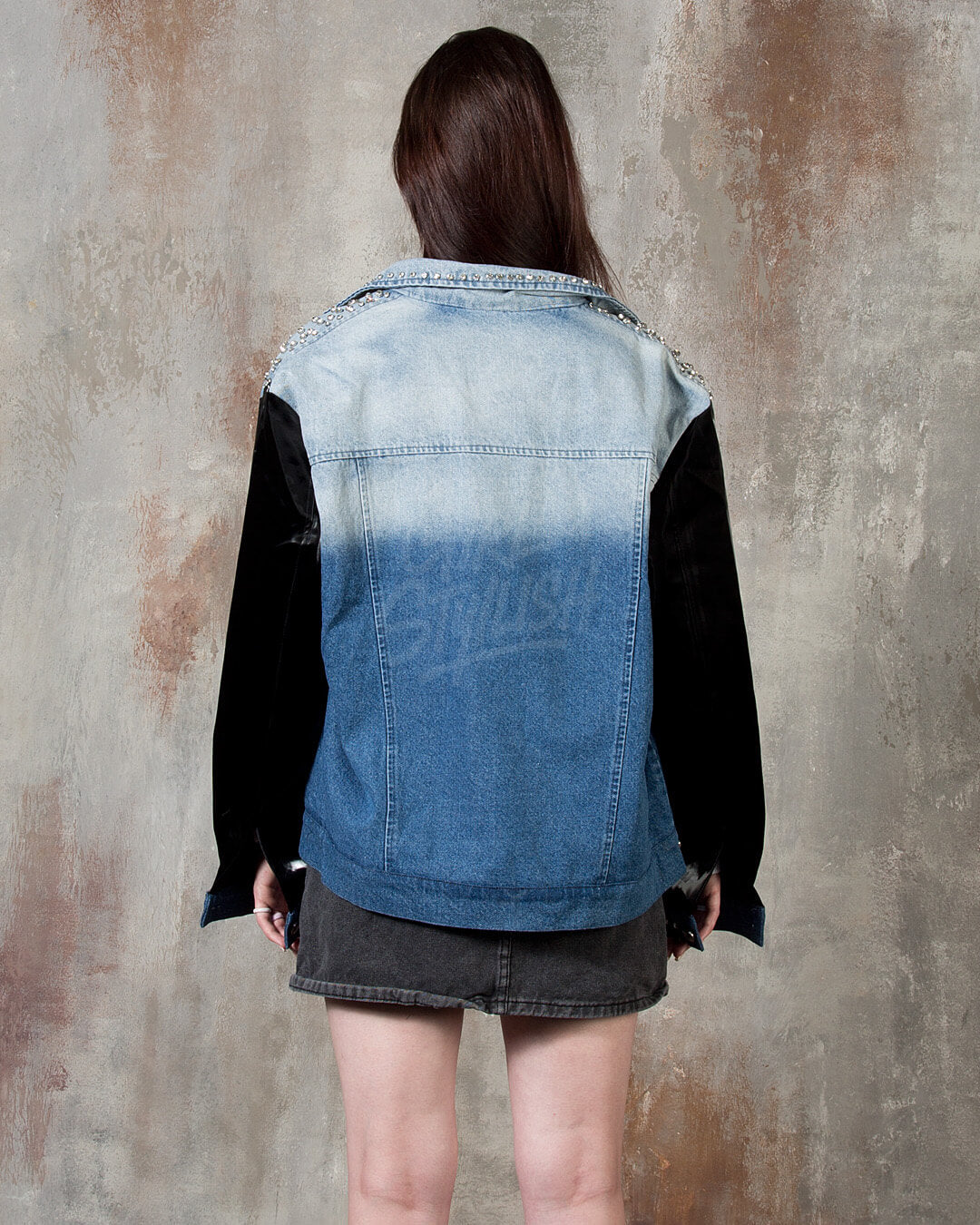 Patent Leather-Sleeve Crystal Stud Denim Jacket