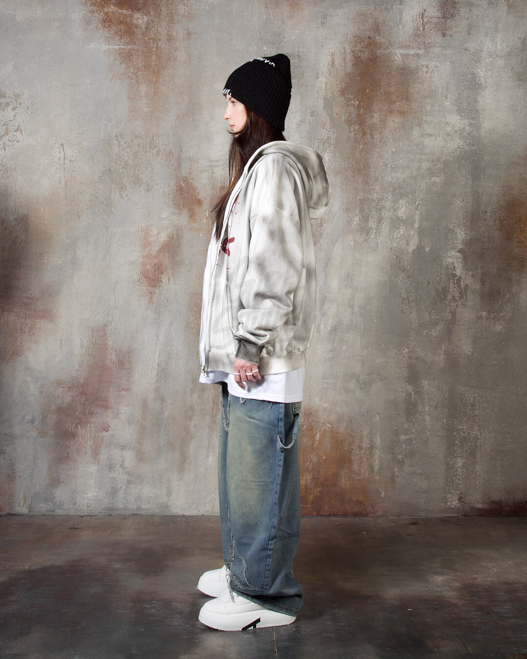 Vintage Washed Punk Rock Graphic Zip-Up Warmer Hoodie