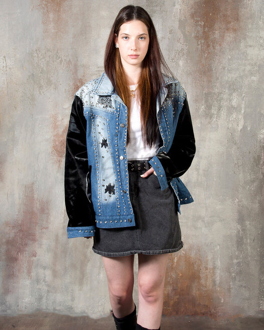 Patent Leather-Sleeve Crystal Stud Denim Jacket