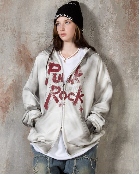 Vintage Washed Punk Rock Graphic Zip-Up Warmer Hoodie