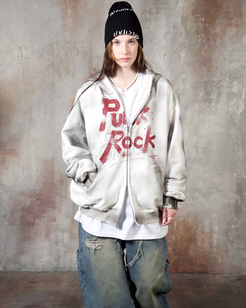 Vintage Washed Punk Rock Graphic Zip-Up Warmer Hoodie