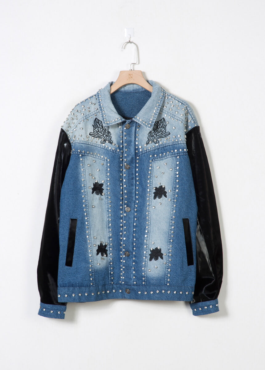 Patent Leather-Sleeve Crystal Stud Denim Jacket