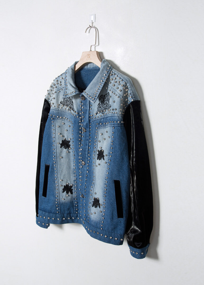 Patent Leather-Sleeve Crystal Stud Denim Jacket