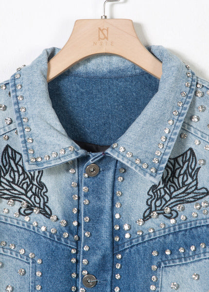 Patent Leather-Sleeve Crystal Stud Denim Jacket