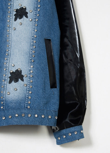 Patent Leather-Sleeve Crystal Stud Denim Jacket