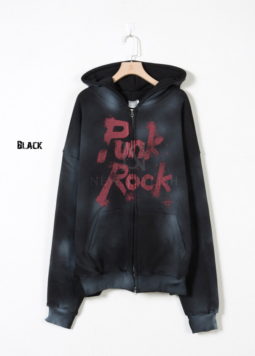 Vintage Washed Punk Rock Graphic Zip-Up Warmer Hoodie