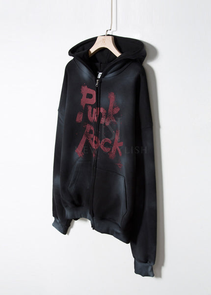 Vintage Washed Punk Rock Graphic Zip-Up Warmer Hoodie