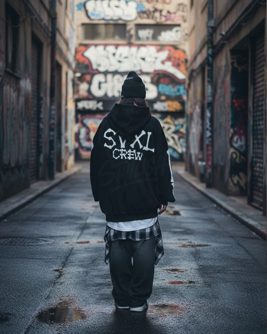 Oversized hoodie featuring skeleton-inspired bone graphics and bold back lettering