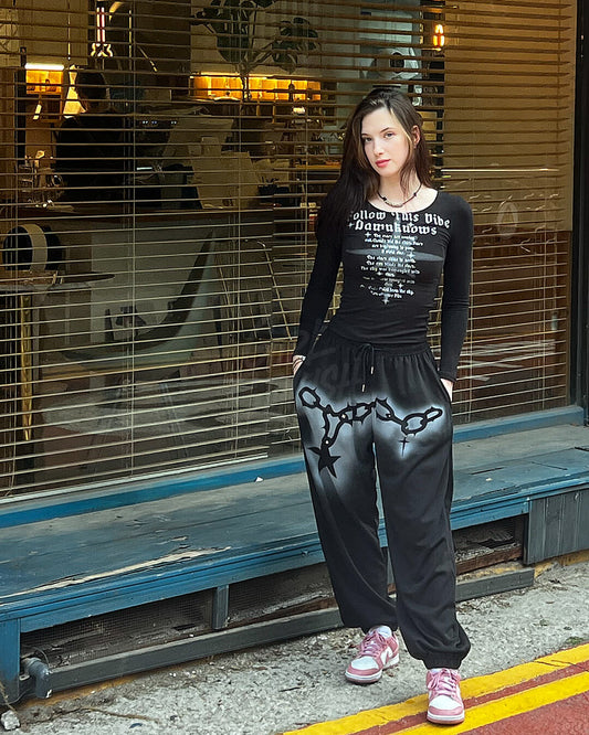 Vintage Chain Graphic Wide-Leg Jogger Pants