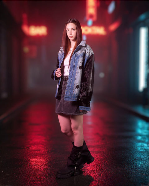 Patent Leather-Sleeve Crystal Stud Denim Jacket
