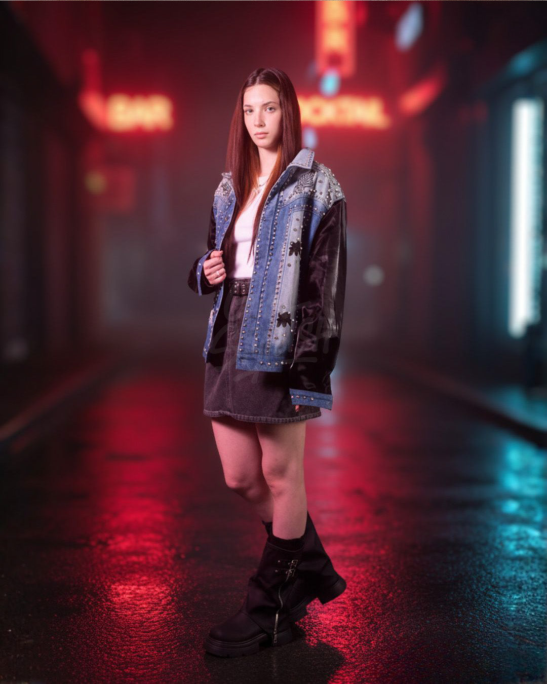 Patent Leather-Sleeve Crystal Stud Denim Jacket