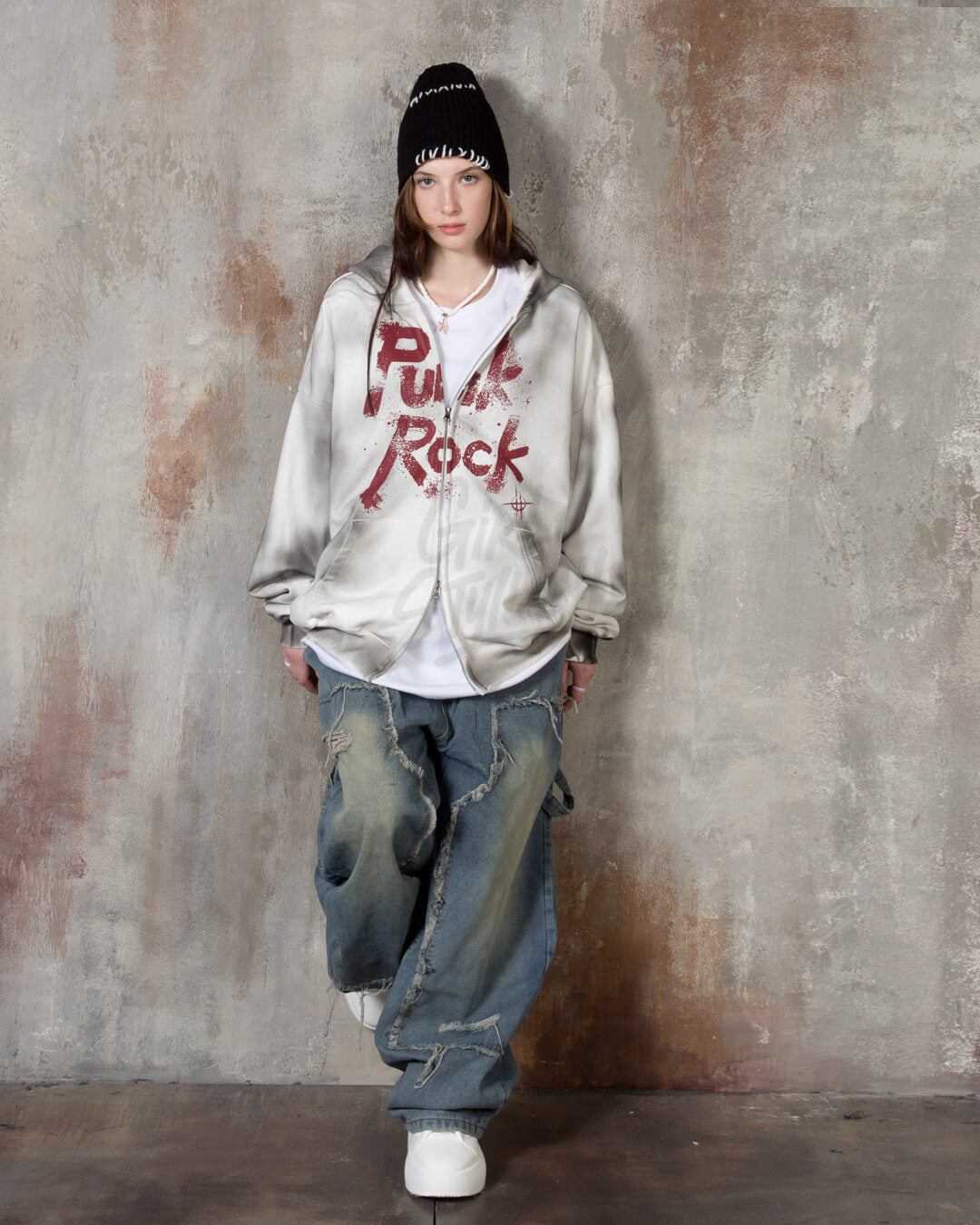 Vintage Washed Punk Rock Graphic Zip-Up Warmer Hoodie