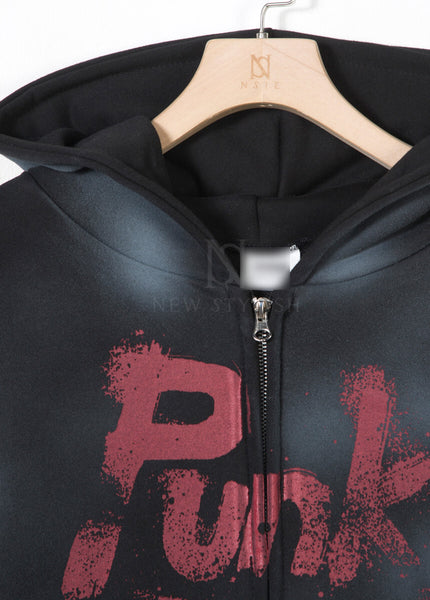 Vintage Washed Punk Rock Graphic Zip-Up Warmer Hoodie