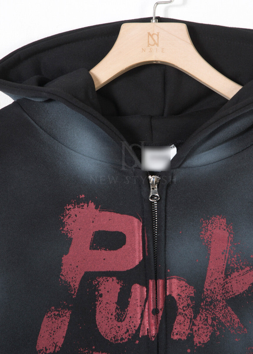 Vintage Washed Punk Rock Graphic Zip-Up Warmer Hoodie