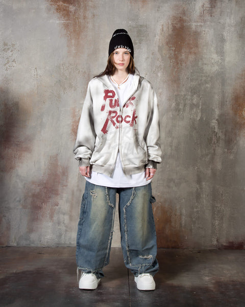 Vintage Washed Punk Rock Graphic Zip-Up Warmer Hoodie