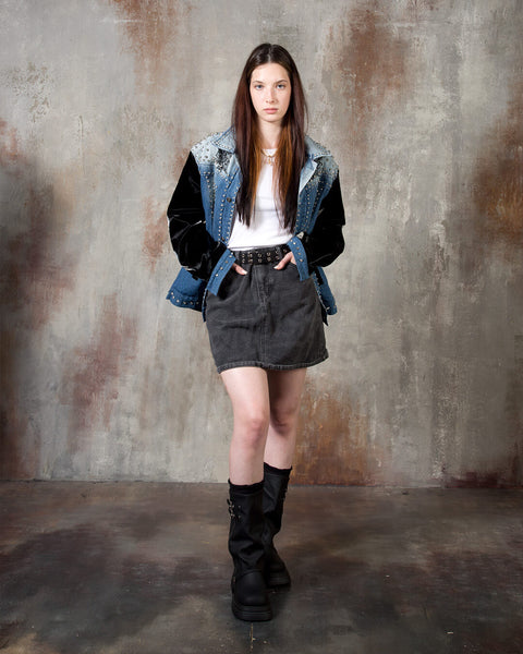 Patent Leather-Sleeve Crystal Stud Denim Jacket