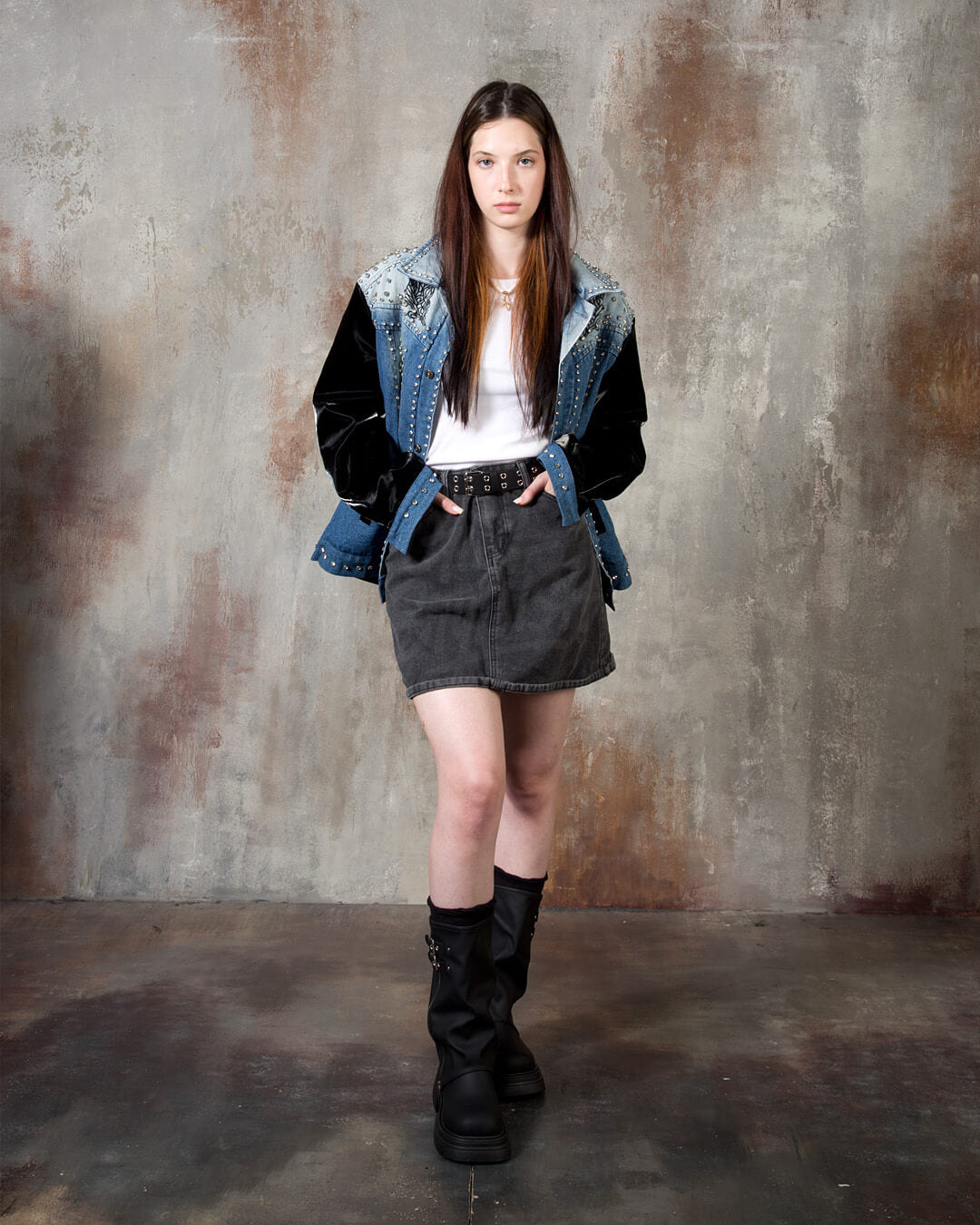 Patent Leather-Sleeve Crystal Stud Denim Jacket