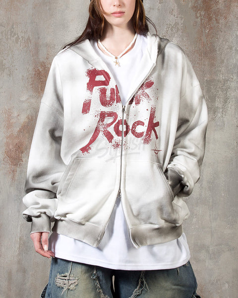 Vintage Washed Punk Rock Graphic Zip-Up Warmer Hoodie
