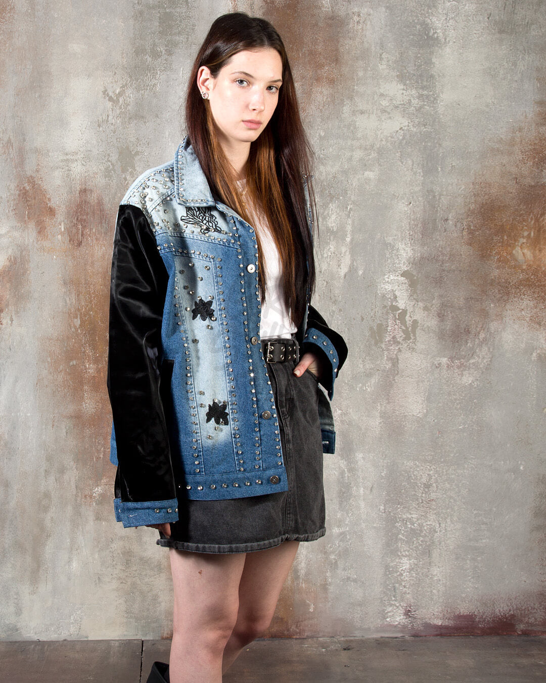 Patent Leather-Sleeve Crystal Stud Denim Jacket