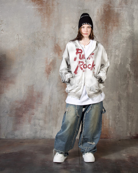 Vintage Washed Punk Rock Graphic Zip-Up Warmer Hoodie