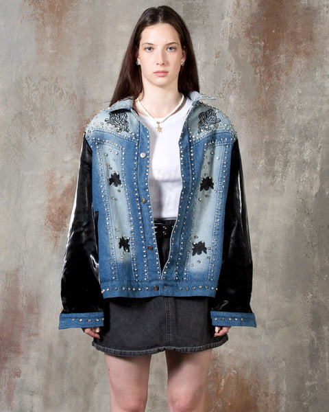Patent Leather-Sleeve Crystal Stud Denim Jacket