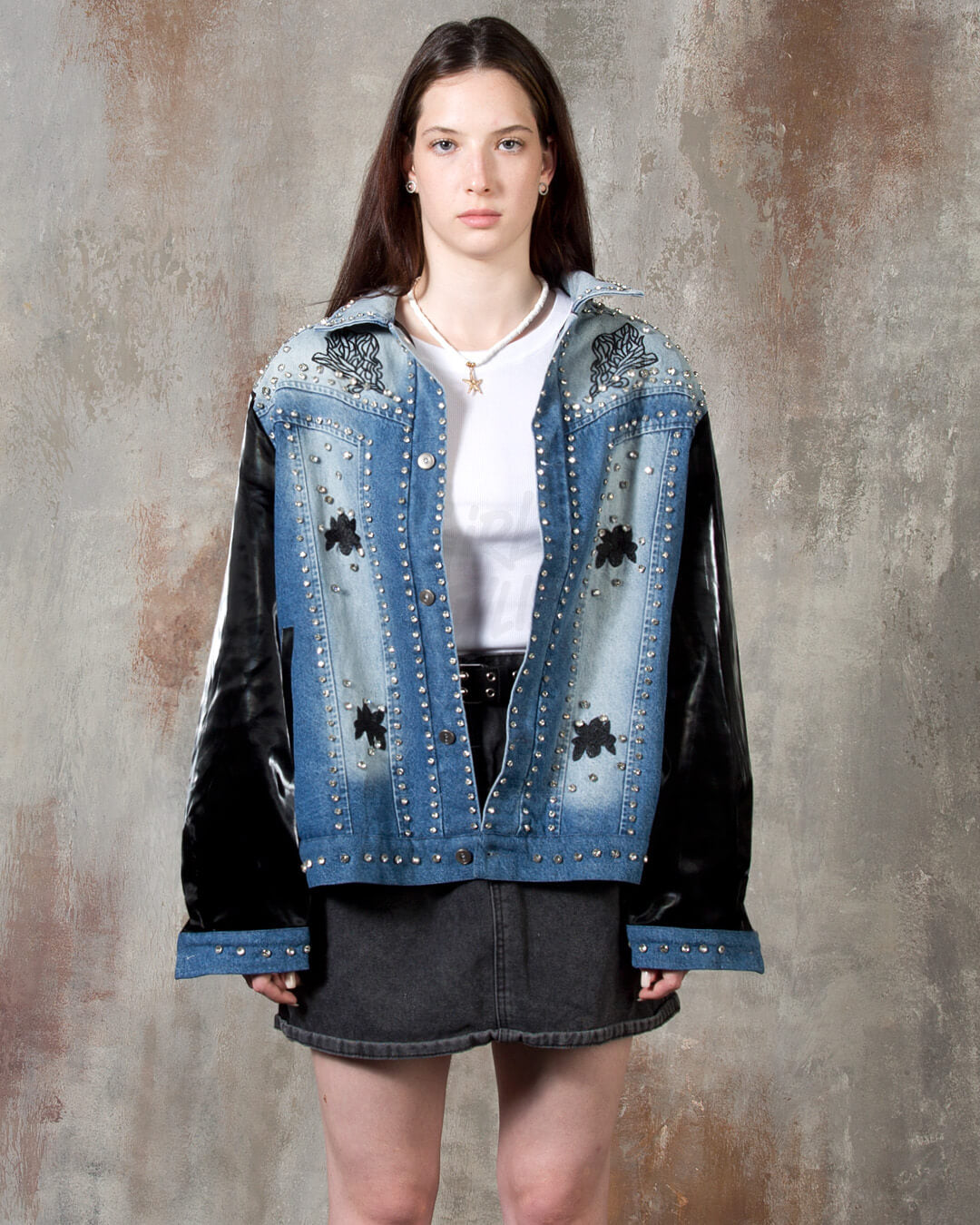 Patent Leather-Sleeve Crystal Stud Denim Jacket