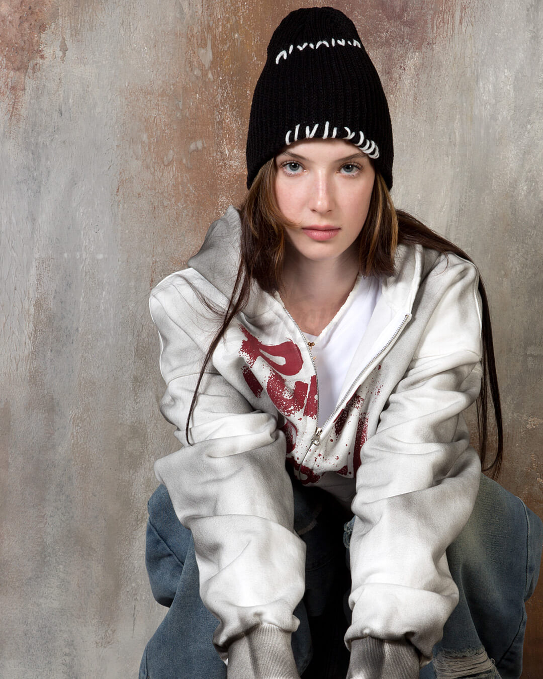 Vintage Washed Punk Rock Graphic Zip-Up Warmer Hoodie