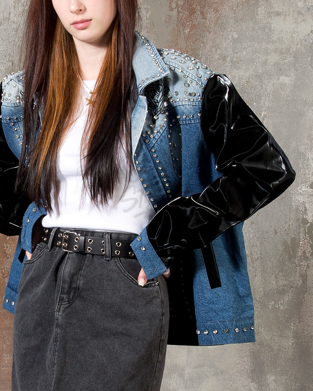Patent Leather-Sleeve Crystal Stud Denim Jacket