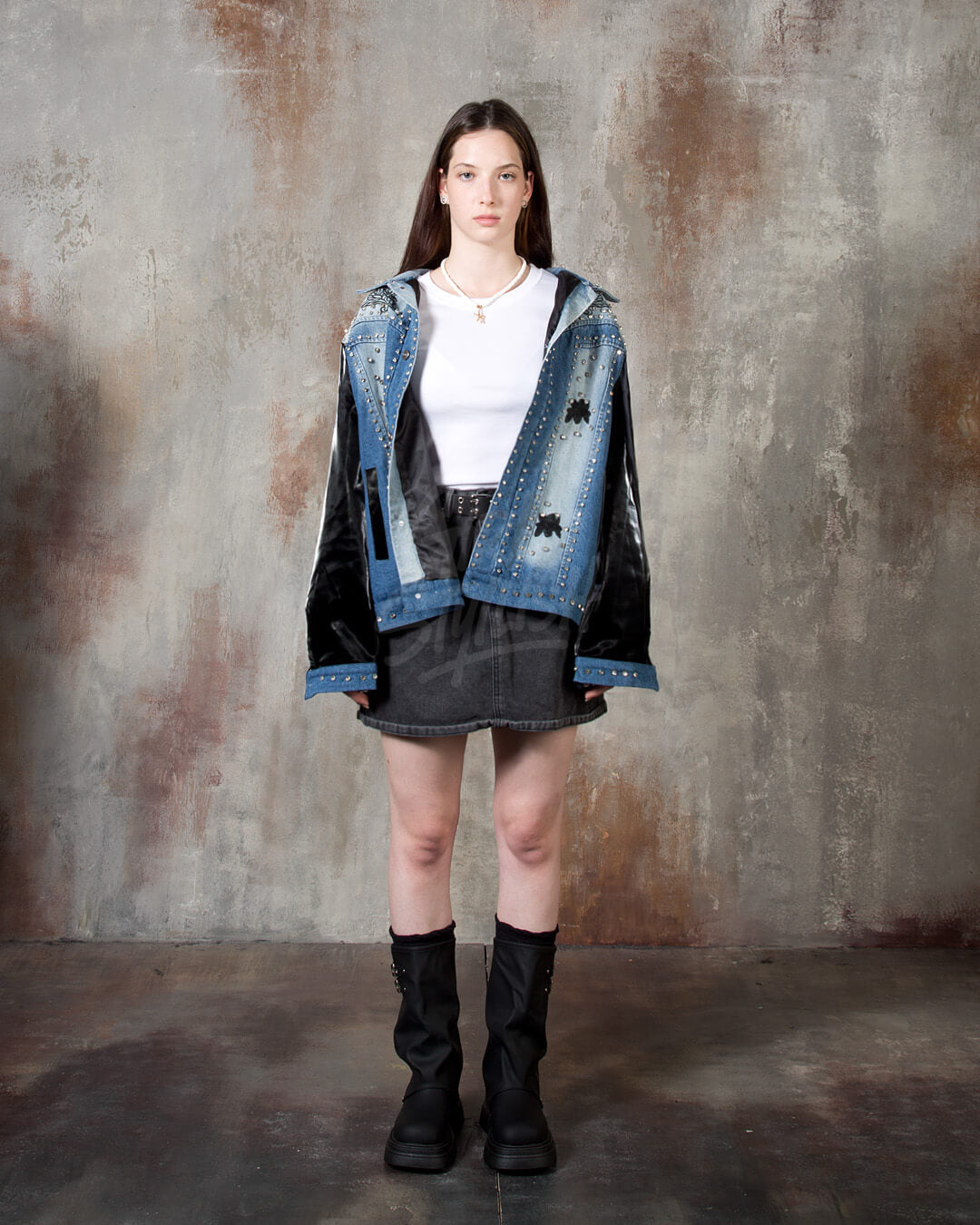 Patent Leather-Sleeve Crystal Stud Denim Jacket