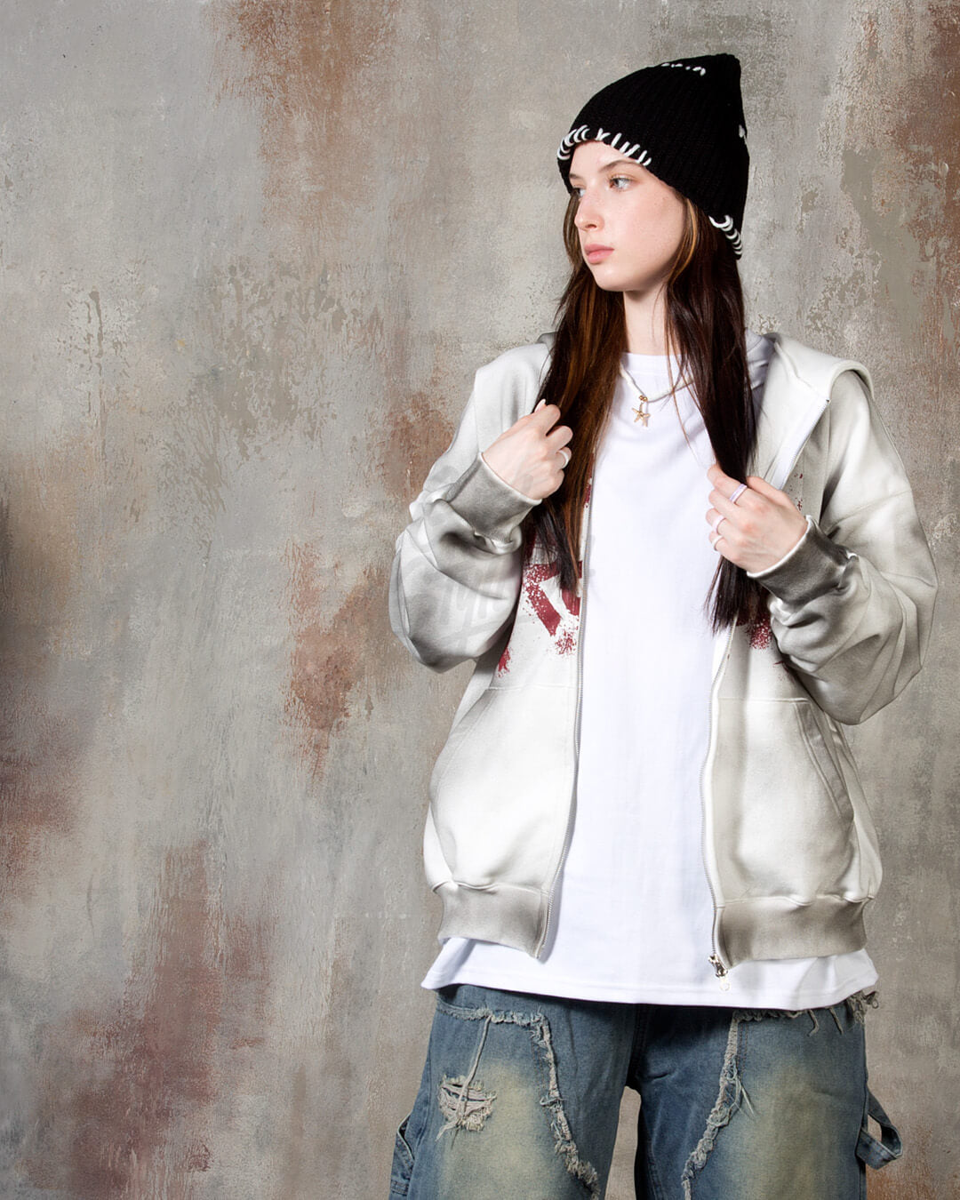 Vintage Washed Punk Rock Graphic Zip-Up Warmer Hoodie