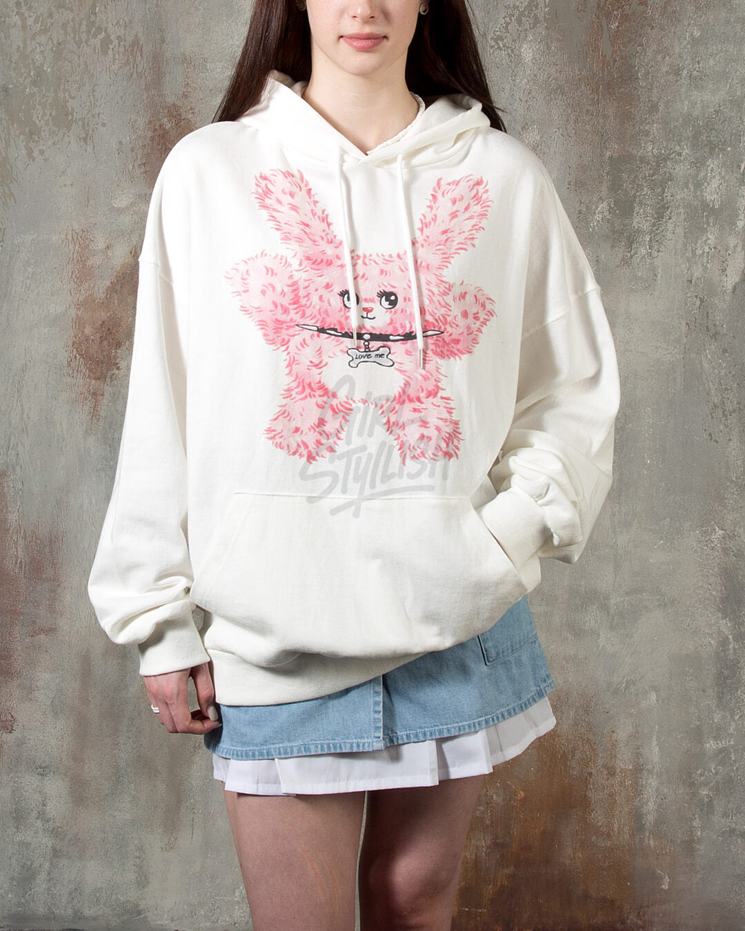 Pink Bear Graphic Loose-Fit Hoodie
