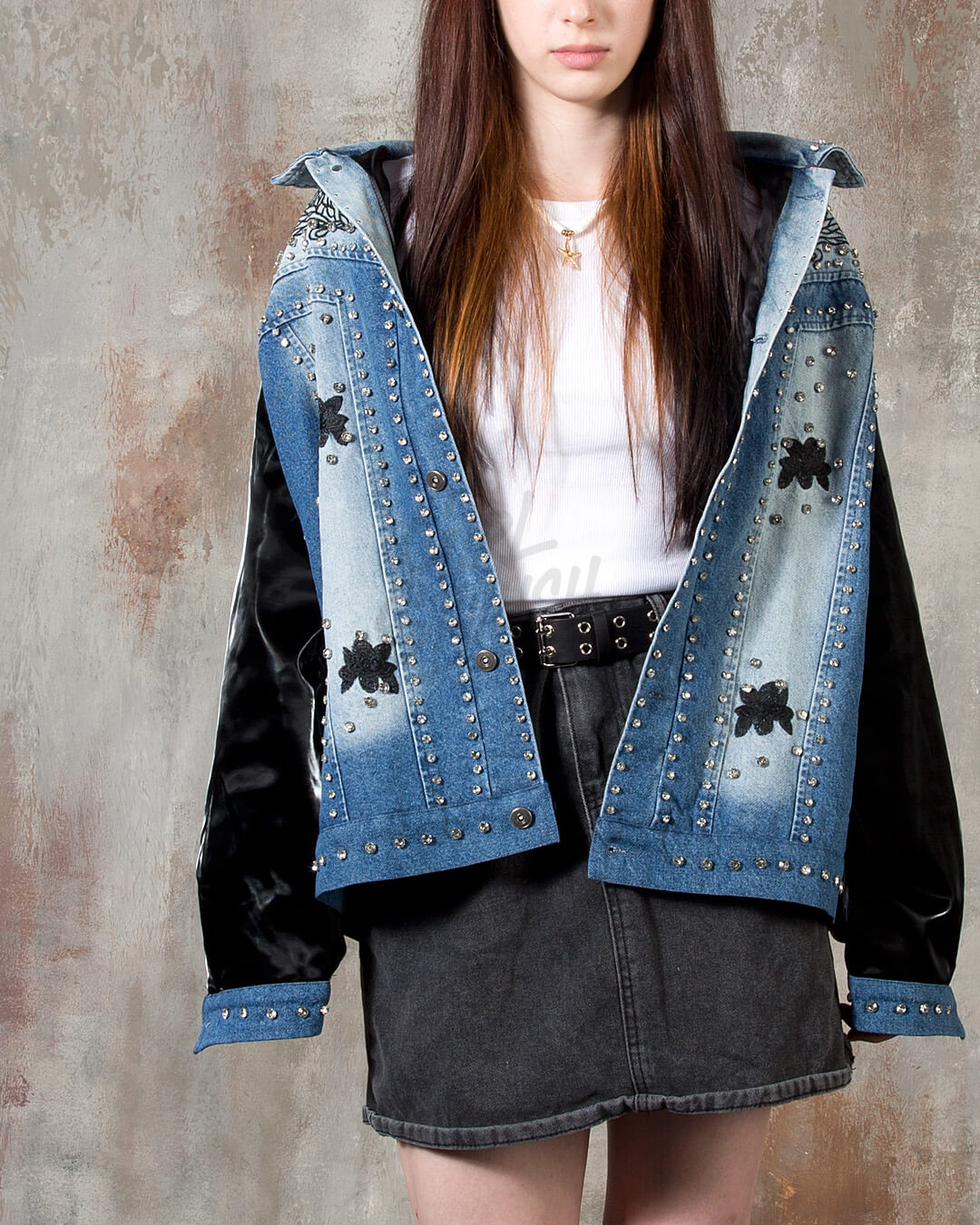 Patent Leather-Sleeve Crystal Stud Denim Jacket