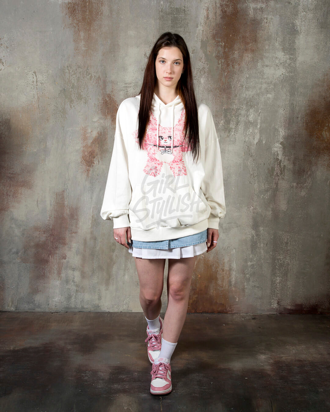 Pink Bear Graphic Loose-Fit Hoodie