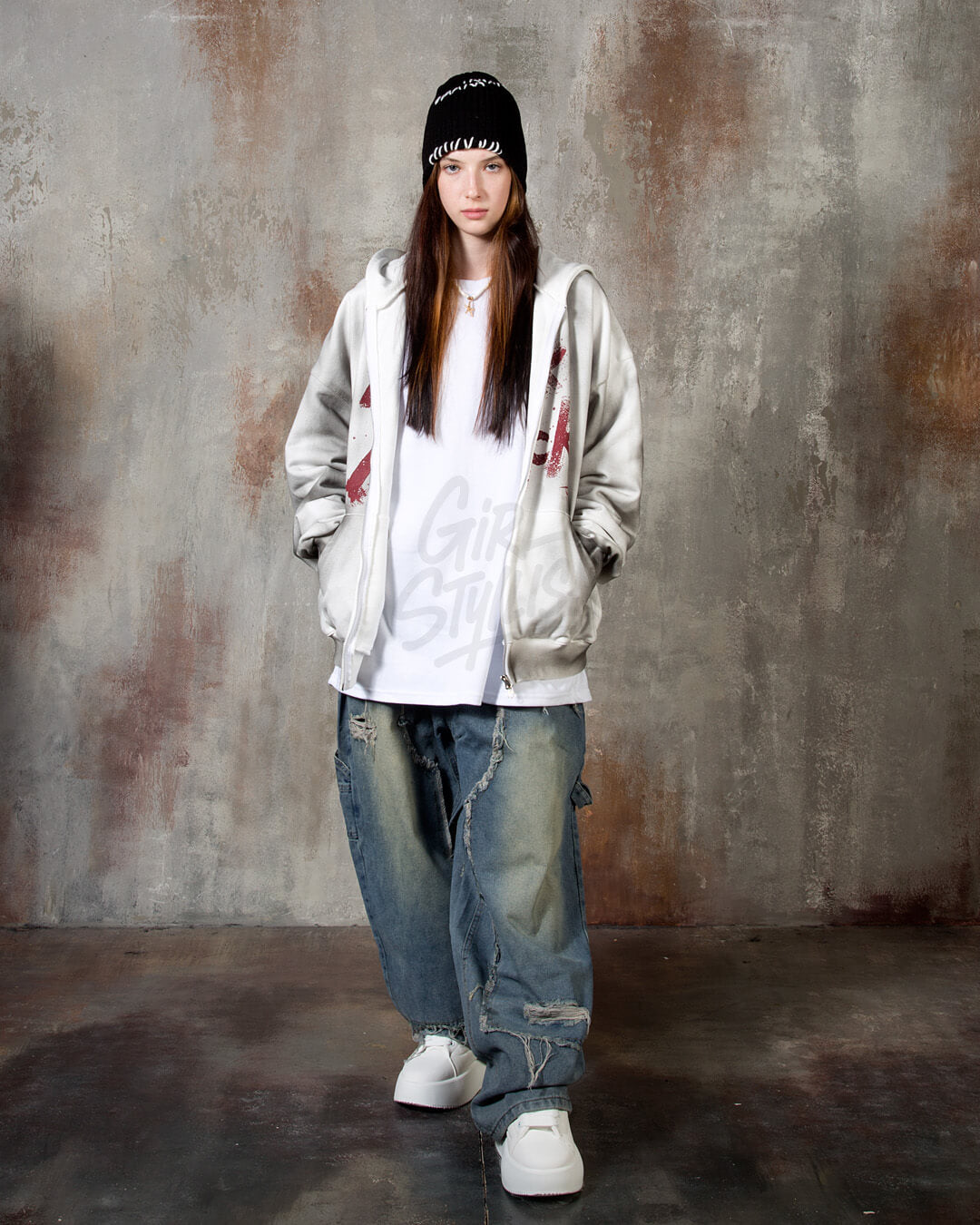 Vintage Washed Punk Rock Graphic Zip-Up Warmer Hoodie