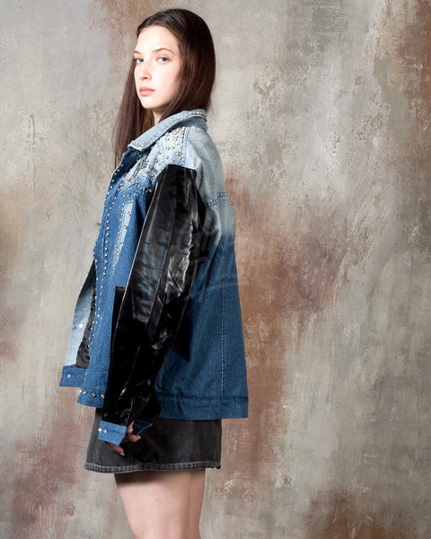 Patent Leather-Sleeve Crystal Stud Denim Jacket