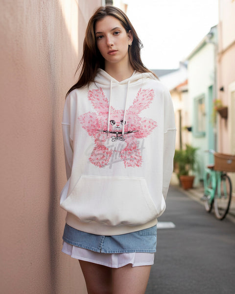 Pink Bear Graphic Loose-Fit Hoodie