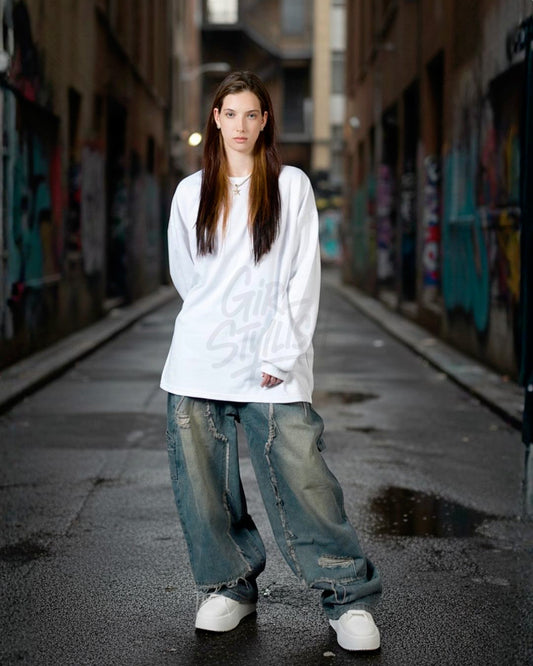 Oversized Cotton Plain Long-Sleeve T-shirt