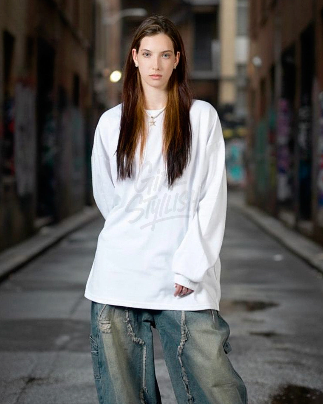 Oversized Cotton Plain Long-Sleeve T-shirt