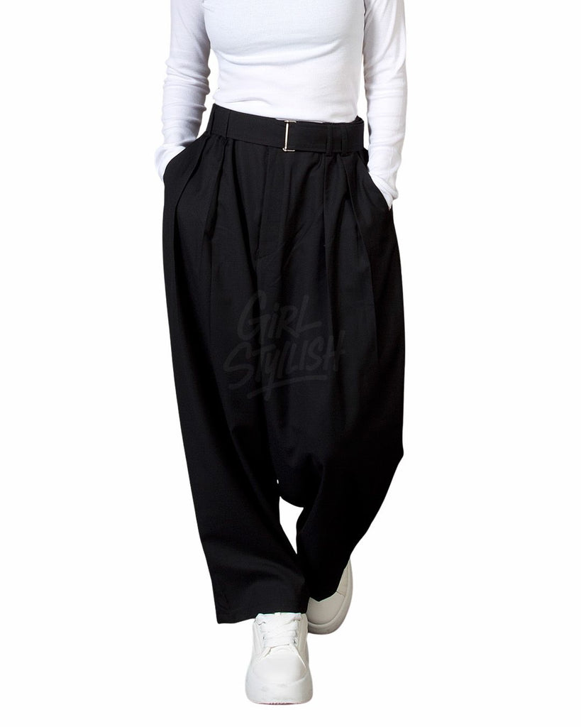 Belted Two-Tuck Wide-Leg Balloon Pants