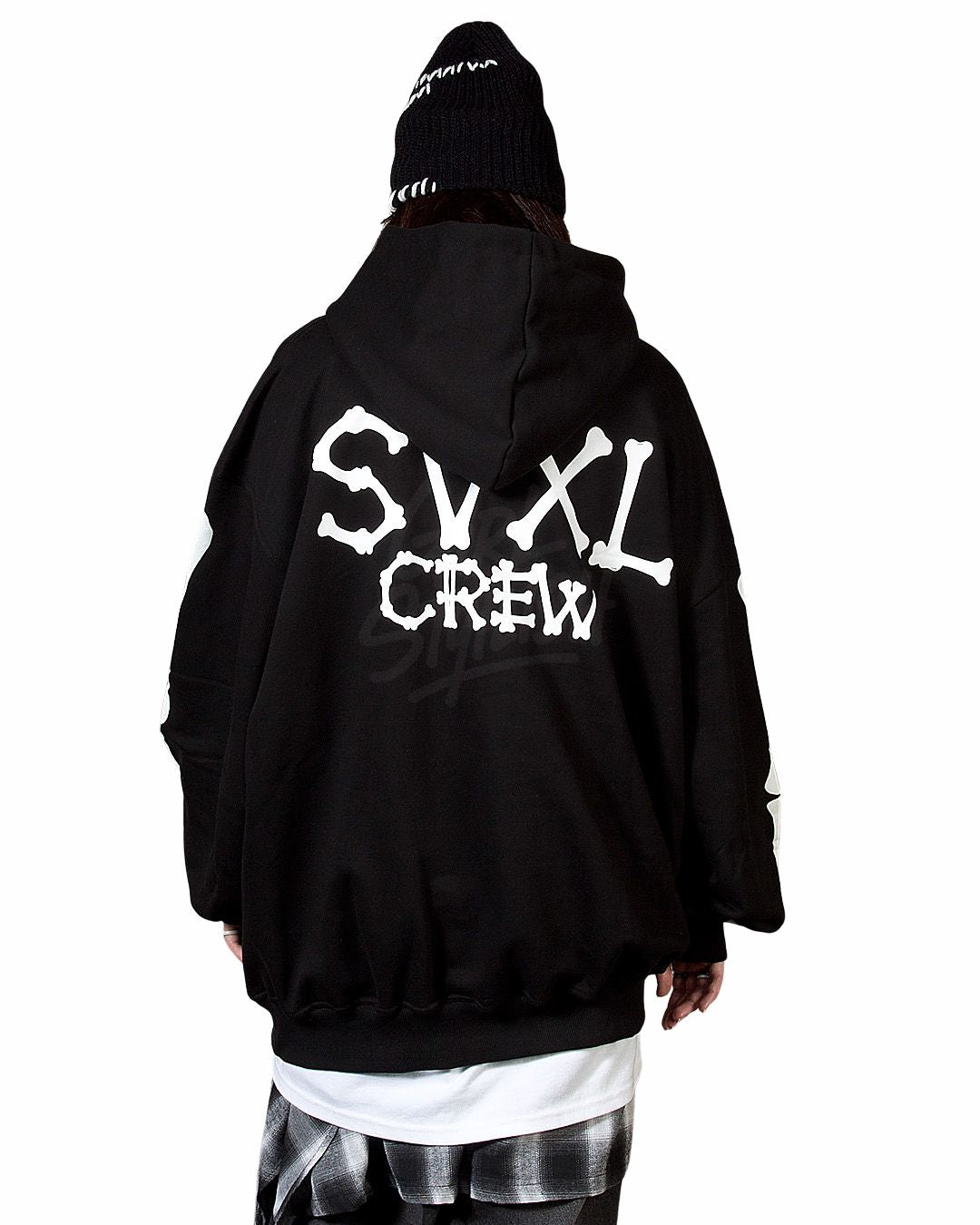  Oversized hoodie featuring skeleton-inspired bone graphics and bold back lettering