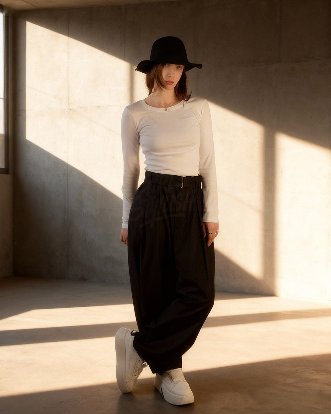 Belted Two-Tuck Wide-Leg Balloon Pants
