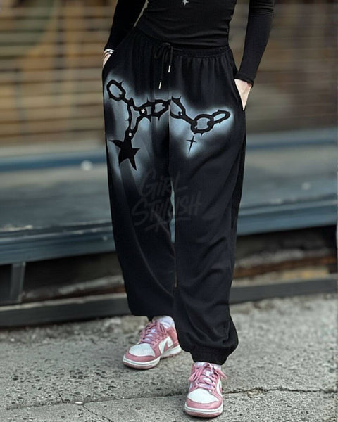 Vintage Chain Graphic Wide-Leg Jogger Pants